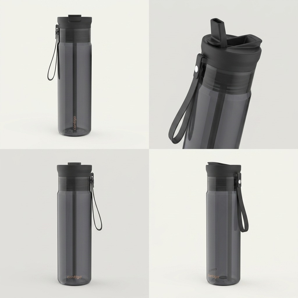 Four-panel view of 28 oz Contigo Dual Sip water bottle in licorice showing various angles and lid.