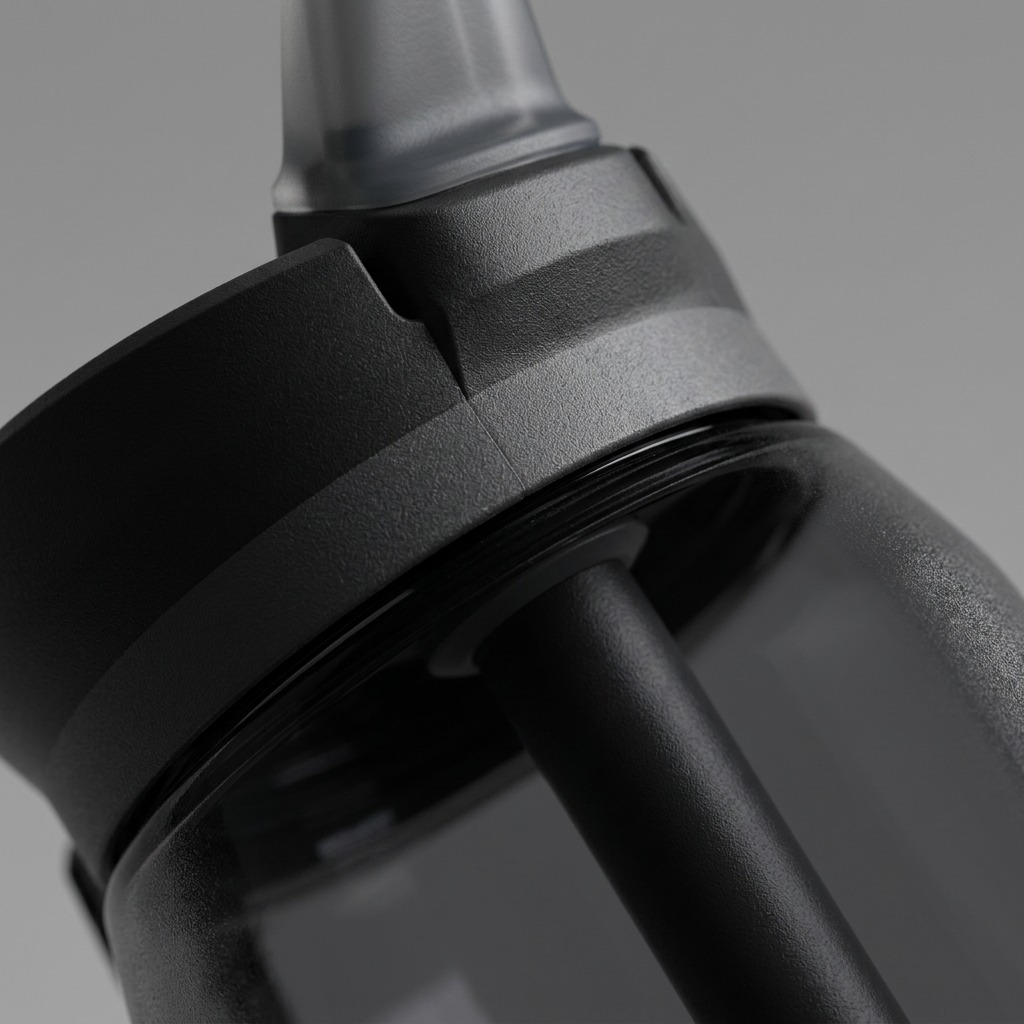 Macro detail of the Contigo 28 oz Dual Sip bottle, showing the black leak-proof lid and straw.