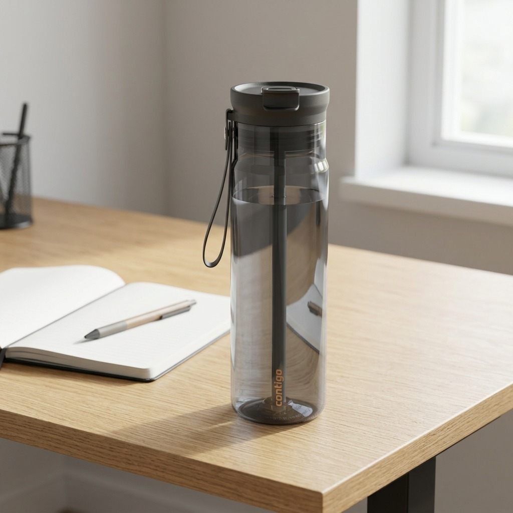 Contigo 28 oz Dual Sip Water Bottle in Licorice sitting on a wooden desk with a notebook and pen.