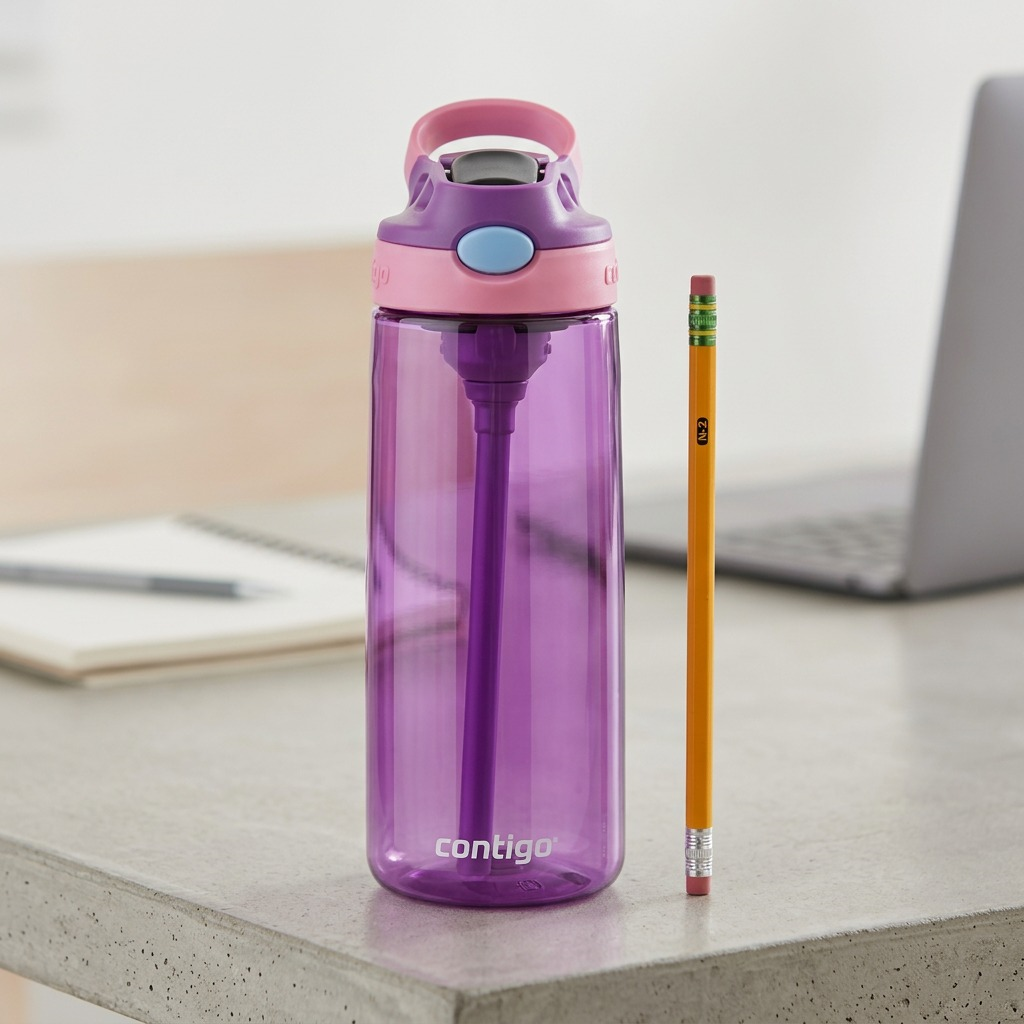 Contigo 20 oz Grape Purple Autospout water bottle shown next to a pencil for size reference.