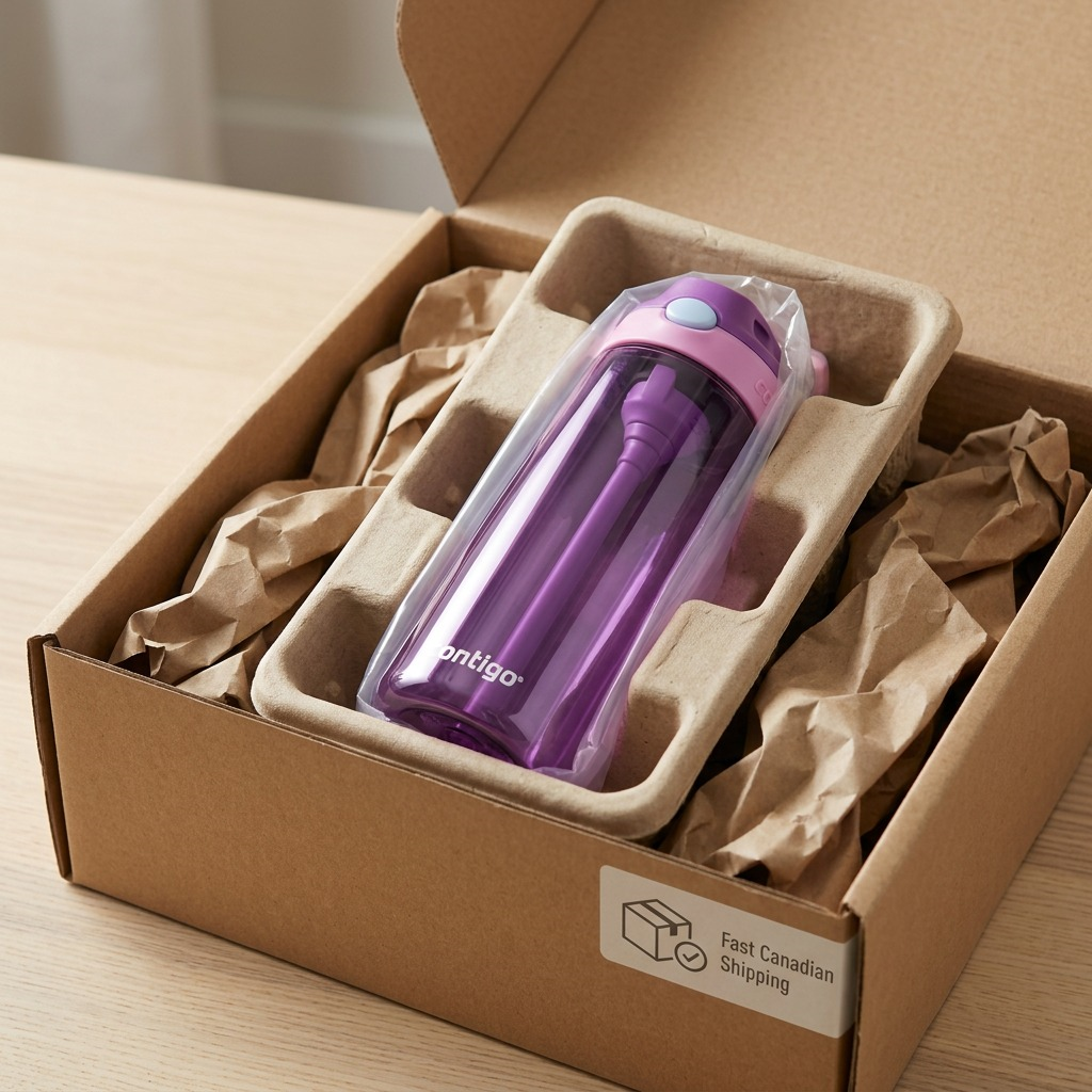 Contigo Kids Autospout Grape Purple water bottle safely packed in a shipping box with paper padding.