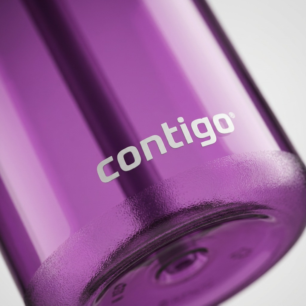 Macro detail of a grape purple Contigo water bottle base, showing a silver logo and textured plastic.