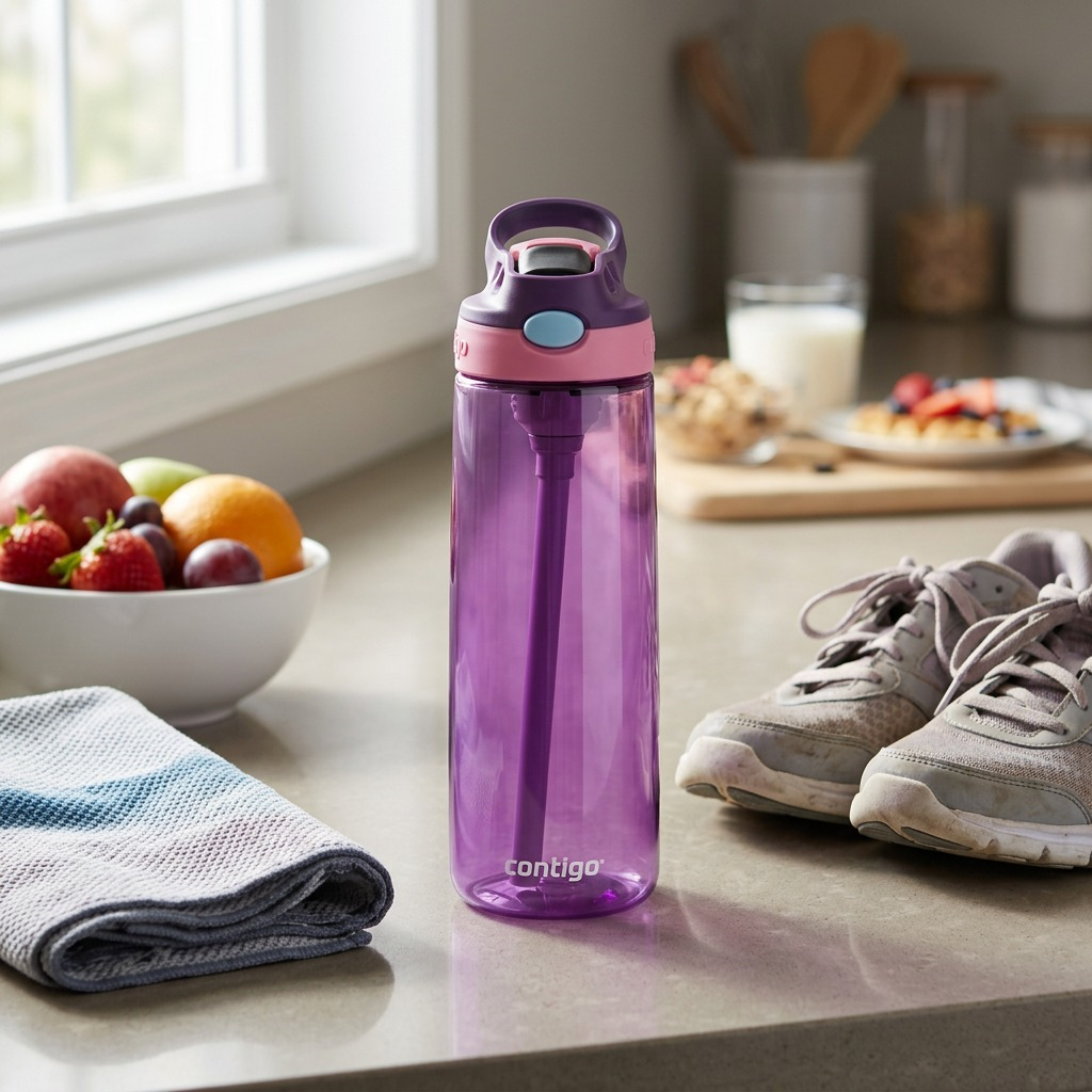 A purple 20 oz Contigo Autospout water bottle on a kitchen counter next to running shoes and fruit.