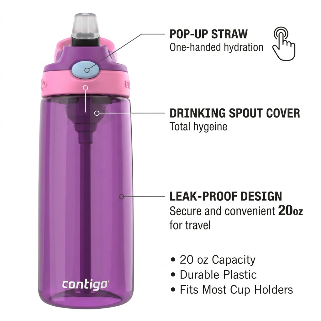 A 20 oz Contigo Kids Autospout grape purple water bottle highlighting pop-up straw and leak-proof design.