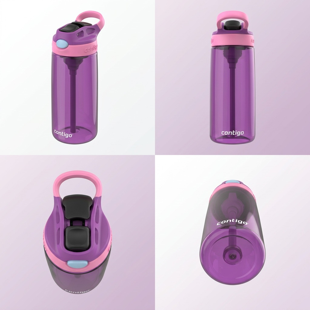 Matrix of four different angles of the 20 oz Contigo Autospout water bottle in Grape Purple.