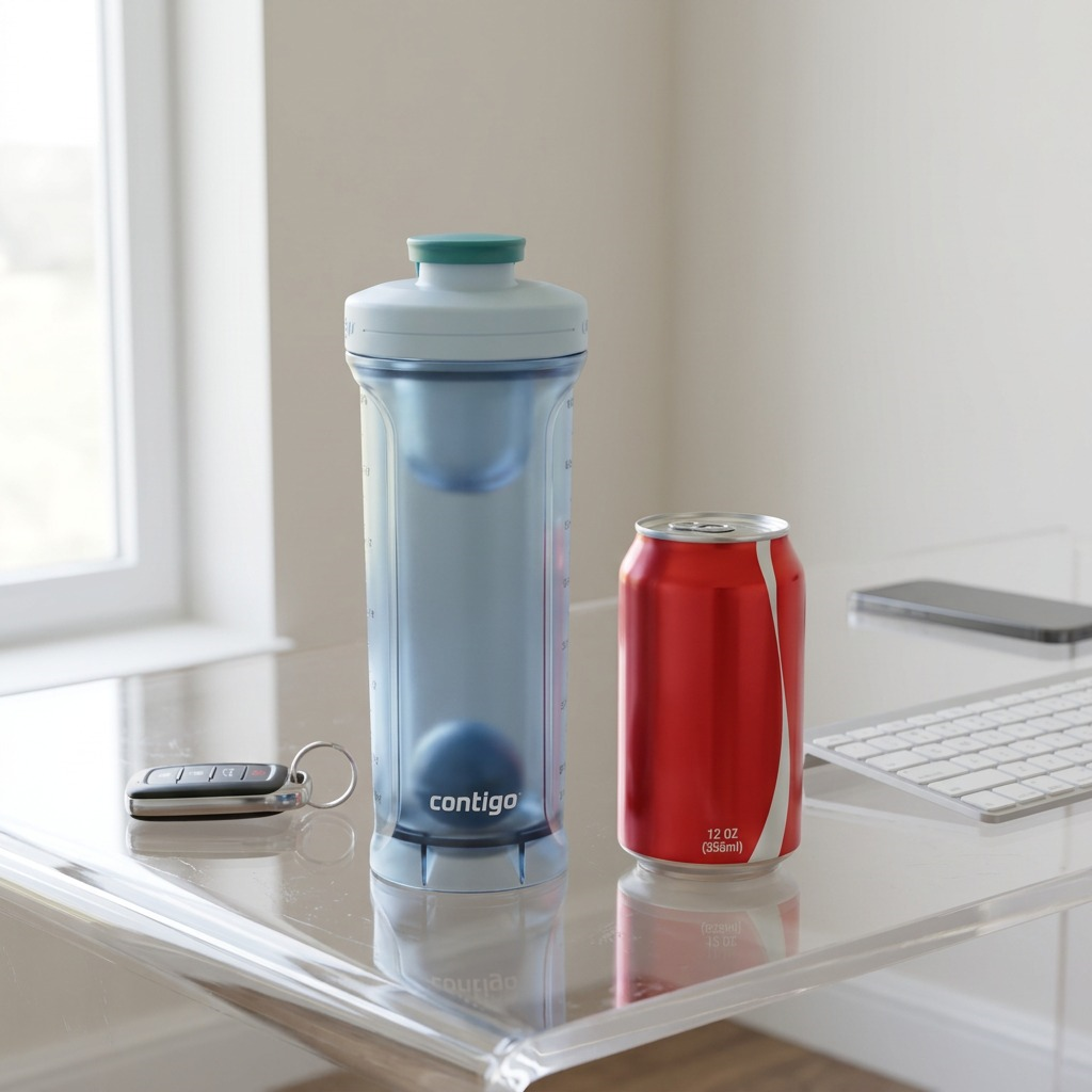 A 28 oz Contigo Shake & Go 2.0 shaker bottle standing on a desk next to a standard 12 oz soda can.