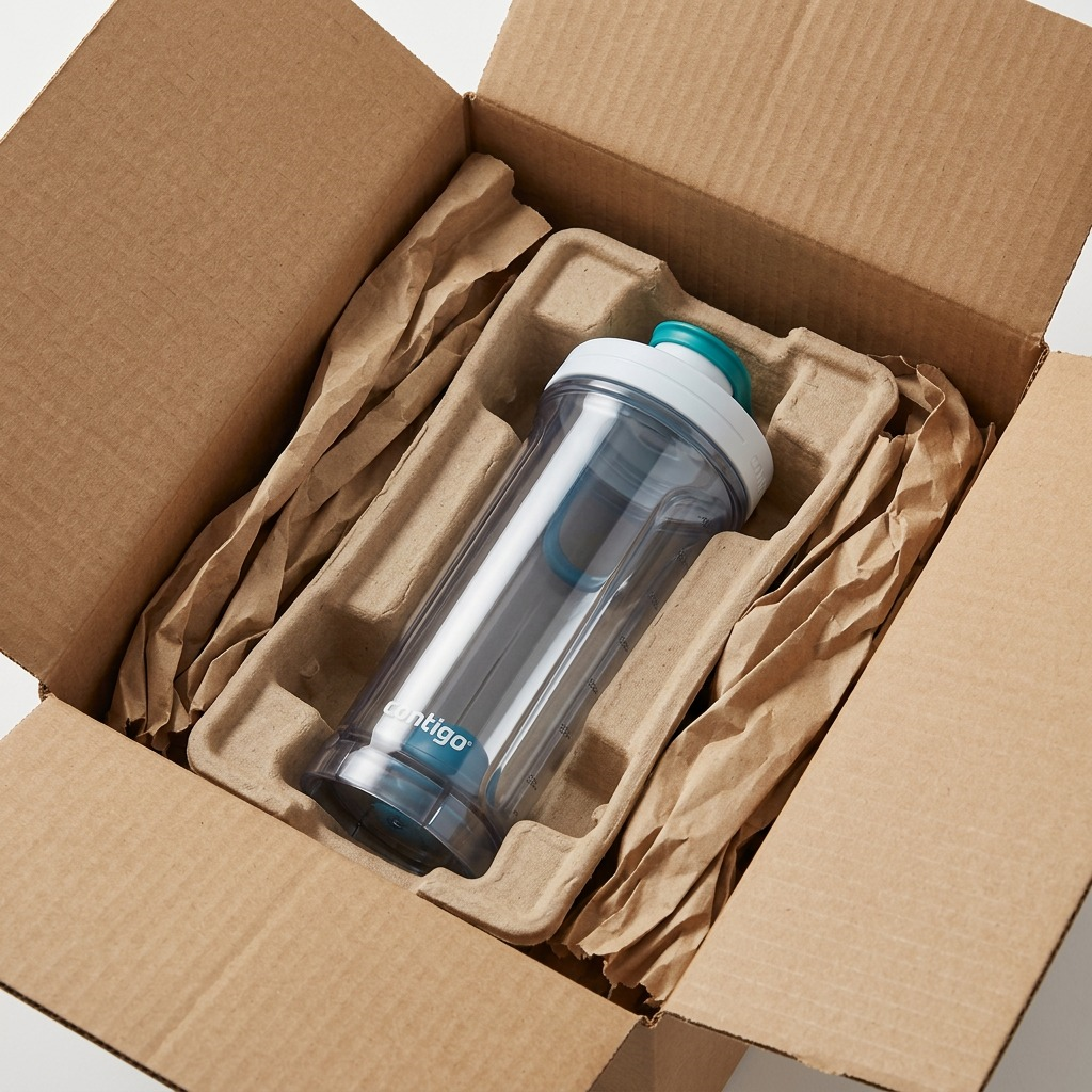 Contigo Shake & Go 2.0 shaker bottle securely packed in a cardboard shipping box with protective inserts.