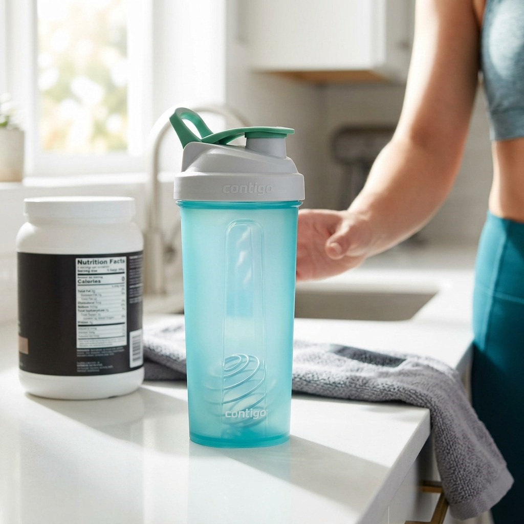 Blue Contigo Shake & Go 2.0 shaker bottle with whisk ball on a kitchen counter near gym gear.