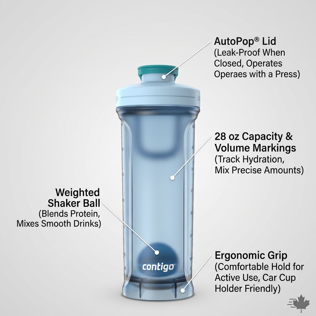 Contigo Shake & Go 2.0 bottle highlighting AutoPop lid, 28 oz scale, shaker ball, and ergonomic grip.