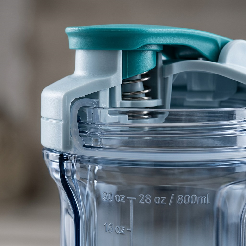 Macro detail of a Contigo Shake & Go 2.0 lid showing the spring-loaded Autopop mechanism.