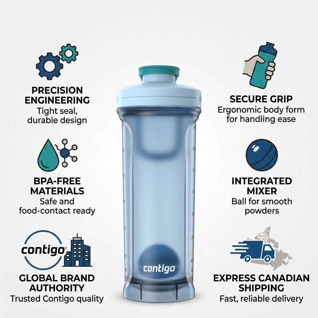 Contigo Shake & Go 2.0 infographic showing BPA-free build, integrated mixer, and ergonomic grip.