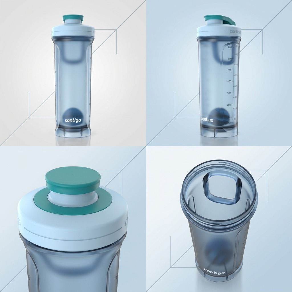 Grid of the 28 oz Contigo Shake & Go 2.0 shaker bottle showing front, side, lid, and top-down views.