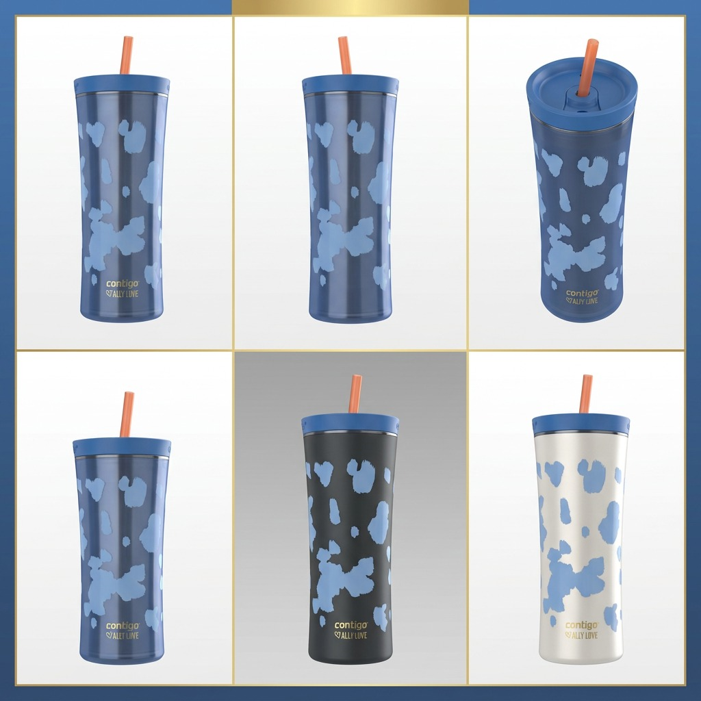 A multi-panel matrix displaying the Contigo x Ally Love tumblers. Top row features the original style from multiple useful angles. The bottom row presents validated color variants: black, pink, and white, each featuring the central product's cow print design and logo placement, but for a smaller size.