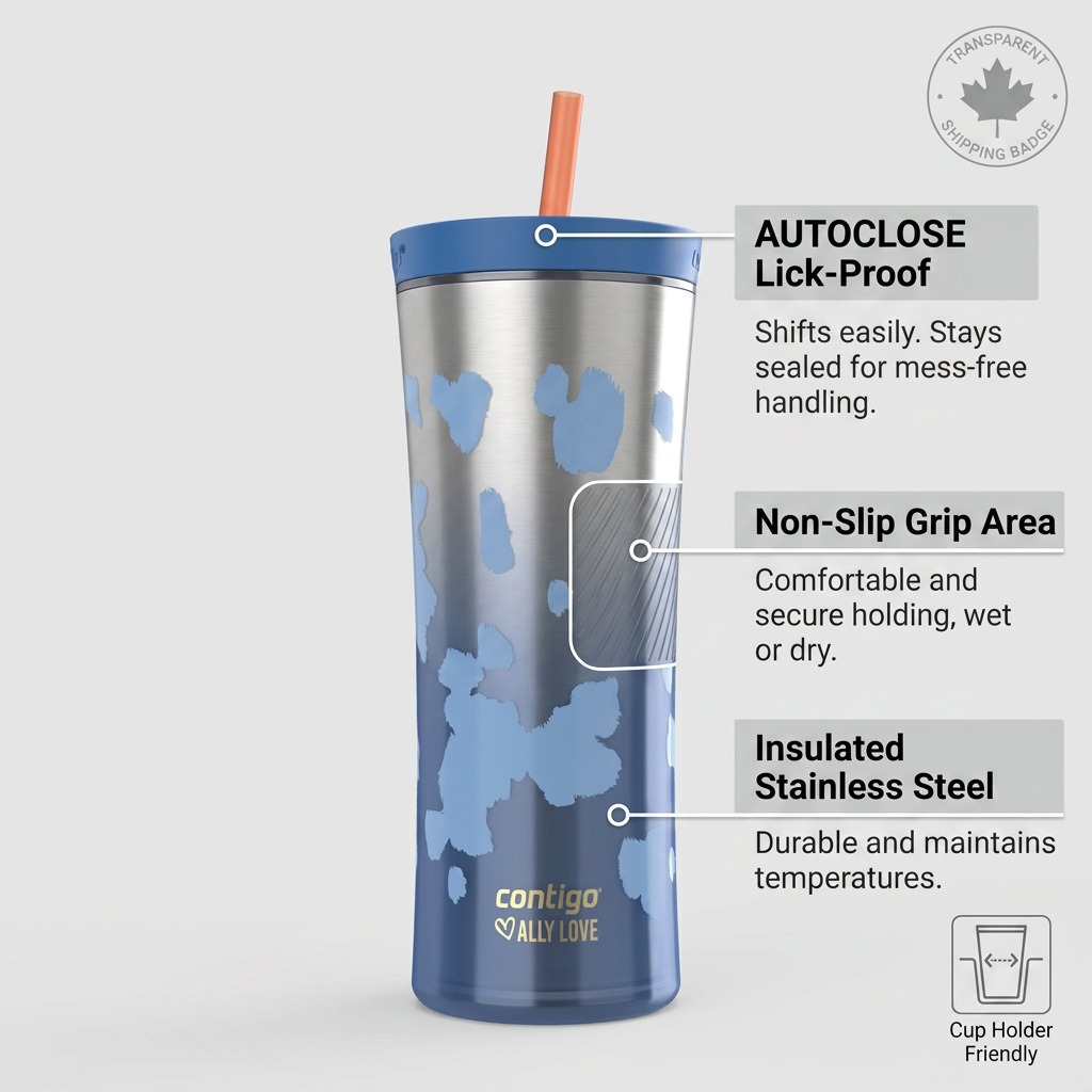 Operational features graphic of Contigo x Ally Love Streeterville tumbler, highlighting key specifications.