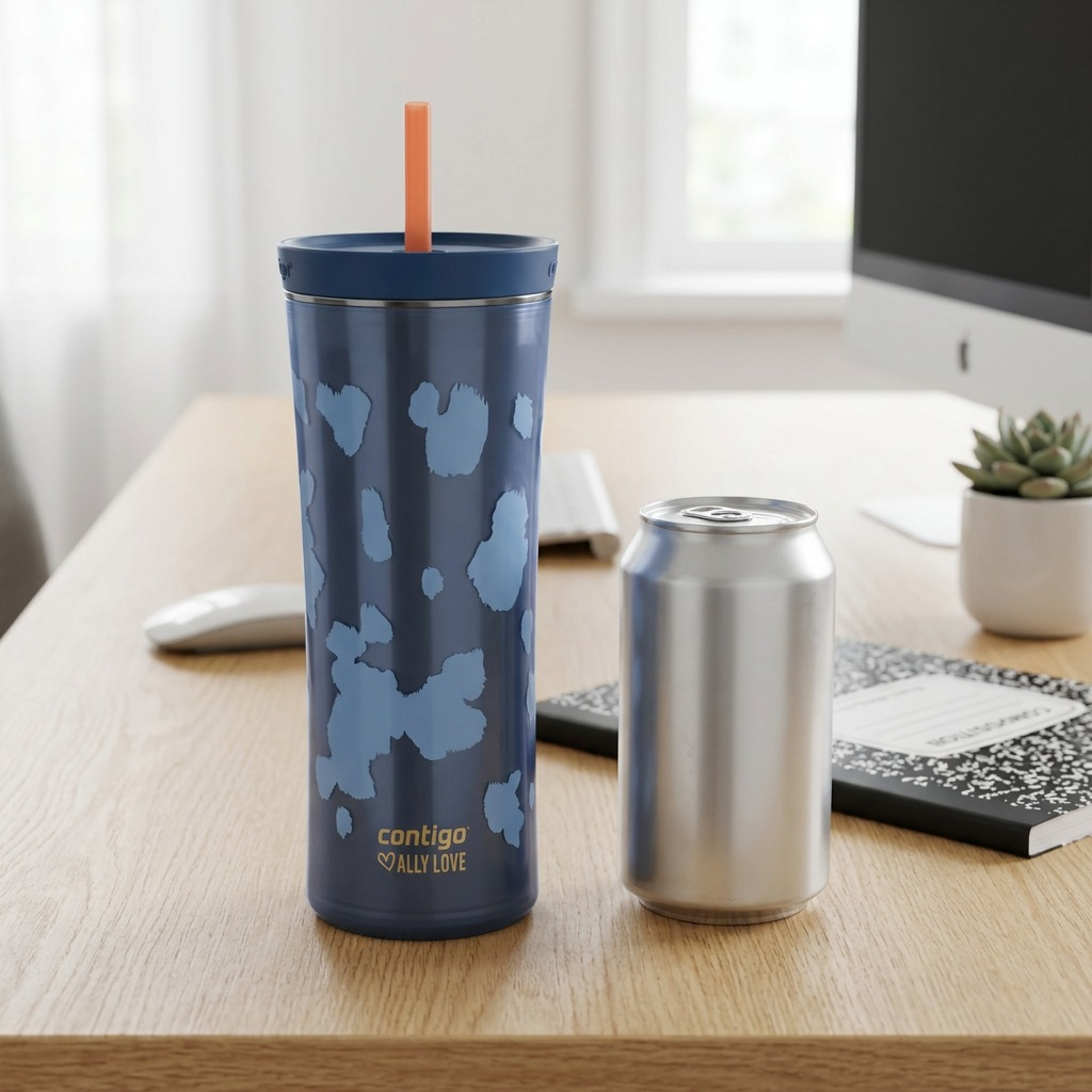 A 20 oz Contigo tumbler standing beside a standard 12 oz soda can on a wooden desk for true scale reference.