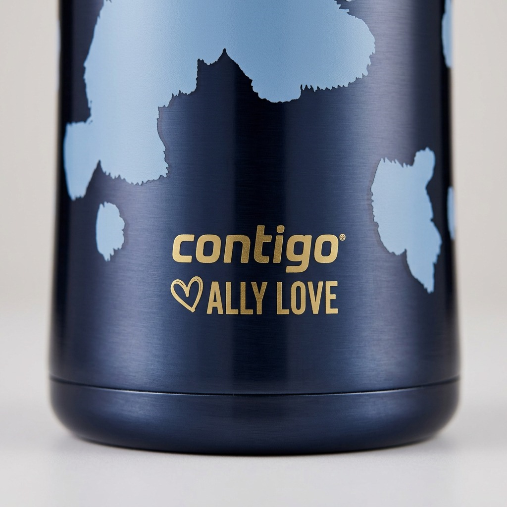 Extreme close-up macro view of the gold logo text and brush-patterned finish on the Contigo tumbler.