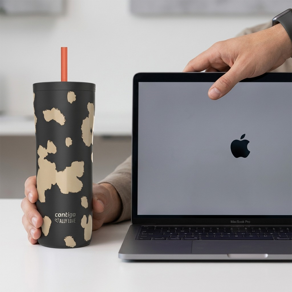 A hand holding the 24oz Contigo x Ally Love Licorice tumbler next to an open laptop for scale.