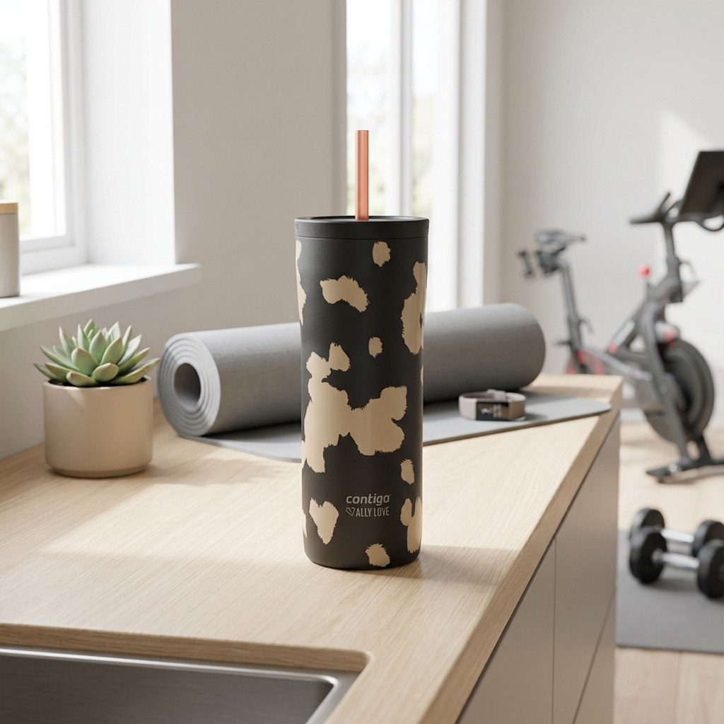 Contigo x Ally Love Streeterville 2.0 24oz Licorice Tumbler on a counter with a yoga mat and bike.