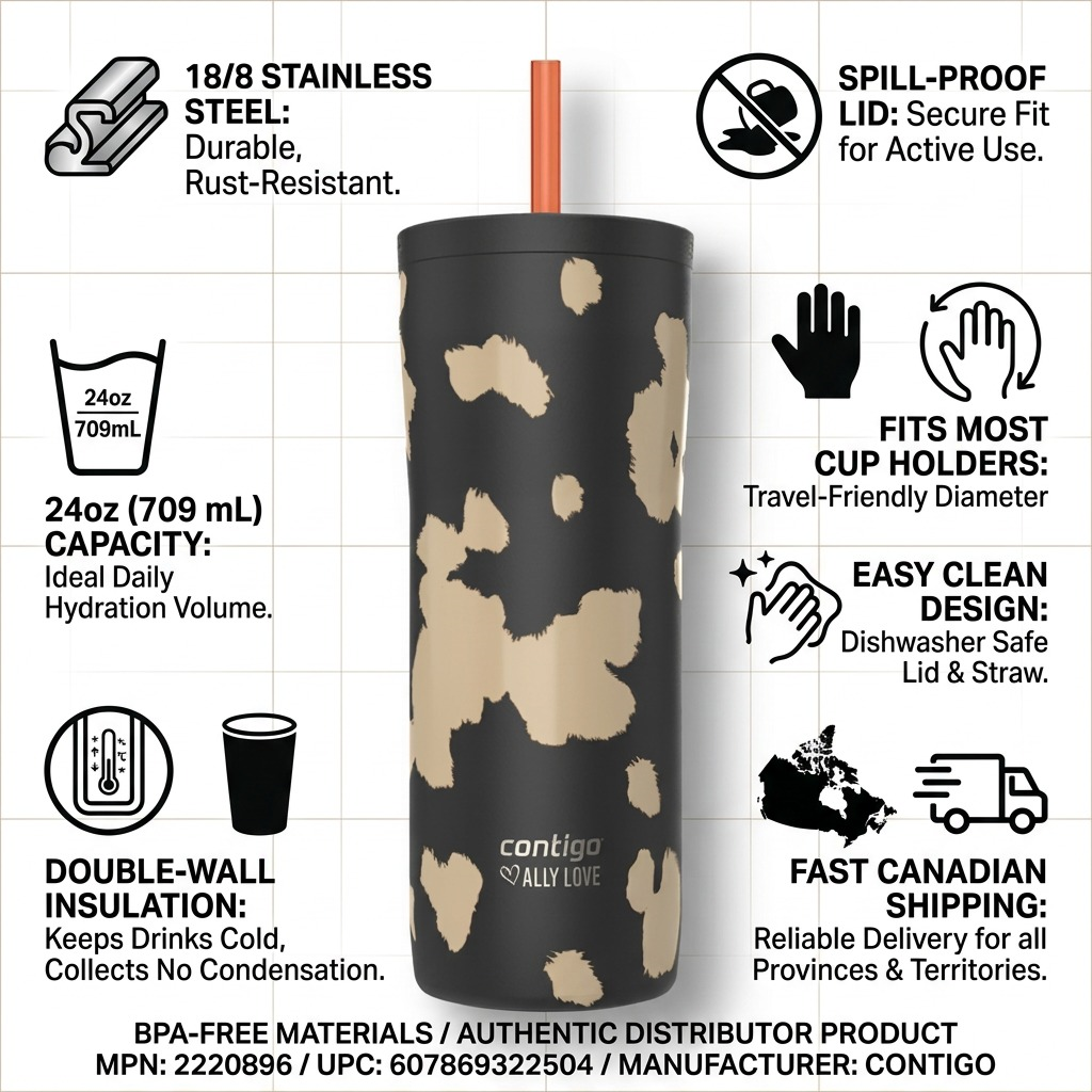 Contigo x Ally Love Streeterville 2.0 24oz Licorice Tumbler infographic highlighting build, capacity, and shipping.