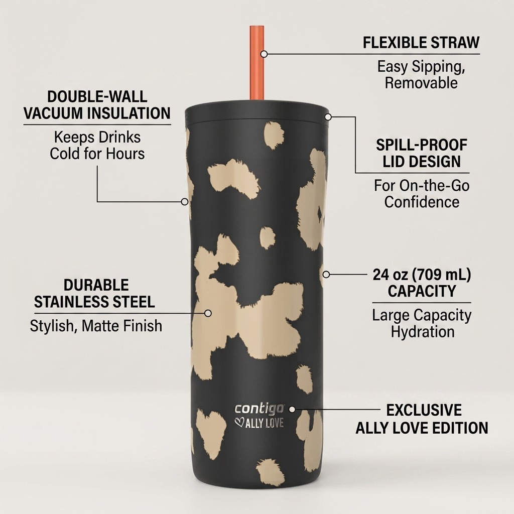 Contigo x Ally Love Streeterville 2.0 24oz tumbler in matte licorice with listed product features.