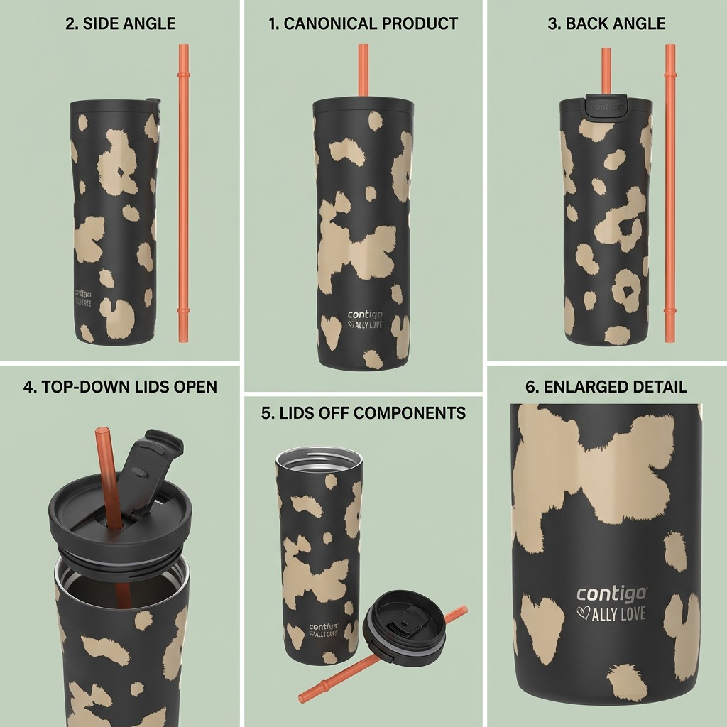 Grid of Contigo x Ally Love Licorice Tumbler showing 24oz bottle, lid, straw, and texture details.