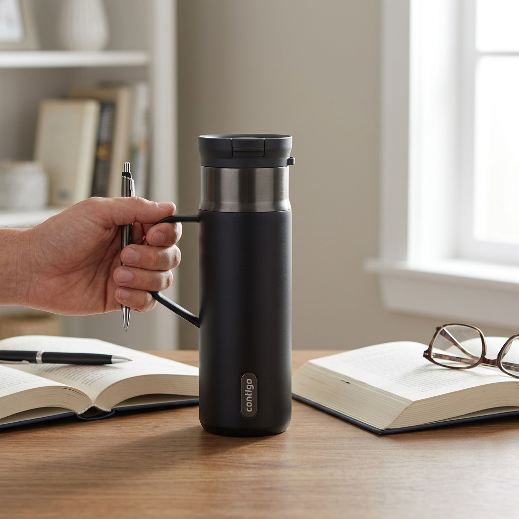 A 20 oz Contigo Snapseal mug in gunmetal grey held by a person at a desk with books for scale.