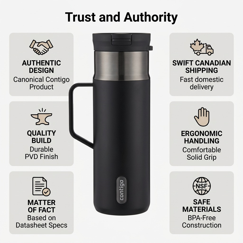 Contigo 20 oz Snapseal Travel Mug infographic highlighting durable PVD finish and Canadian shipping.
