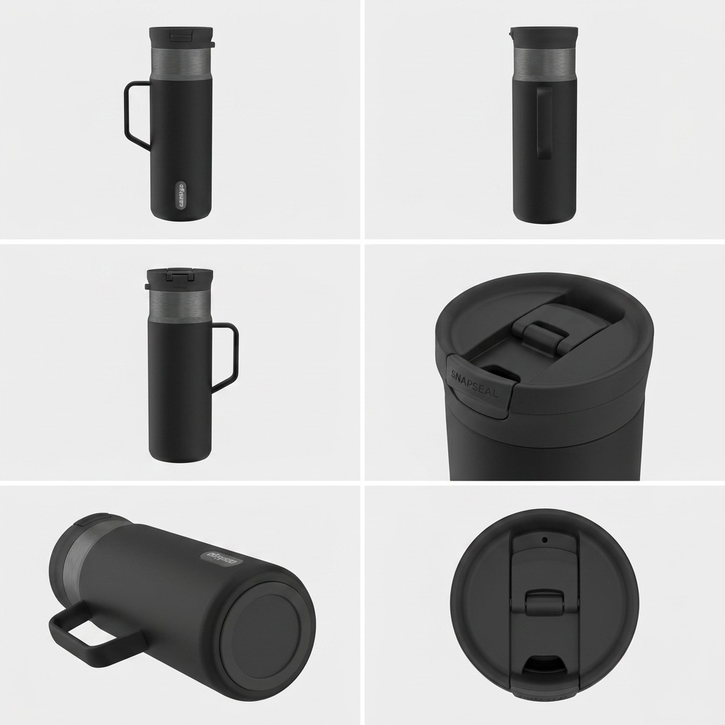 Multiple angles of the Contigo 20 oz Licorice Gunmetal Snapseal Travel Mug with handle.