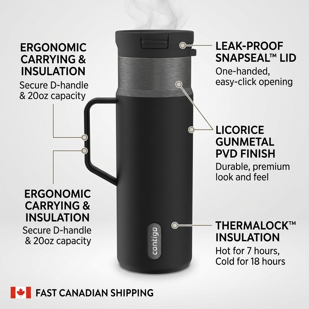 Contigo 20 oz Snapseal travel mug in Licorice Gunmetal highlighting the leak-proof lid and handle.