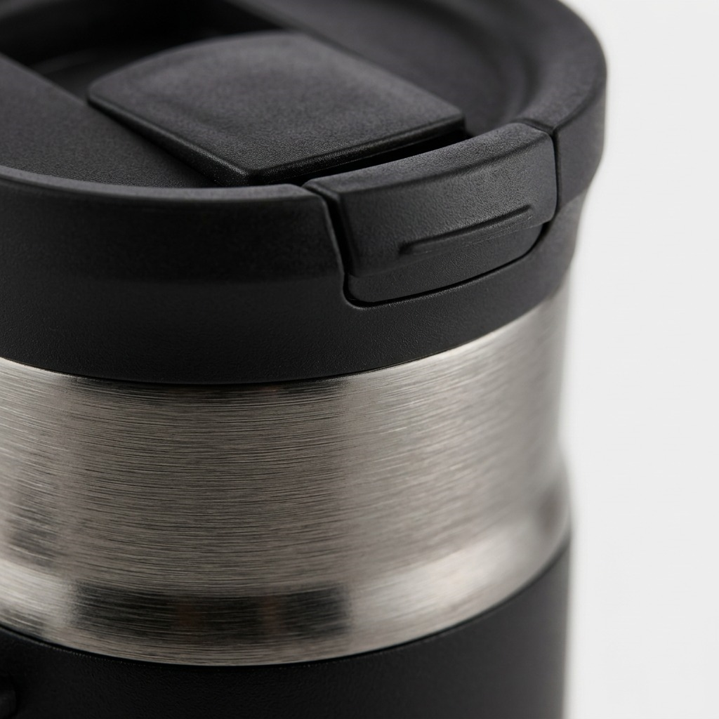 Macro detail of the Contigo Snapseal lid and brushed Licorice Gunmetal finish on the transit mug.