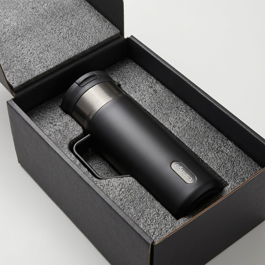 A Contigo 20 oz Snapseal travel mug in licorice gunmetal secured in a foam-lined shipping box.