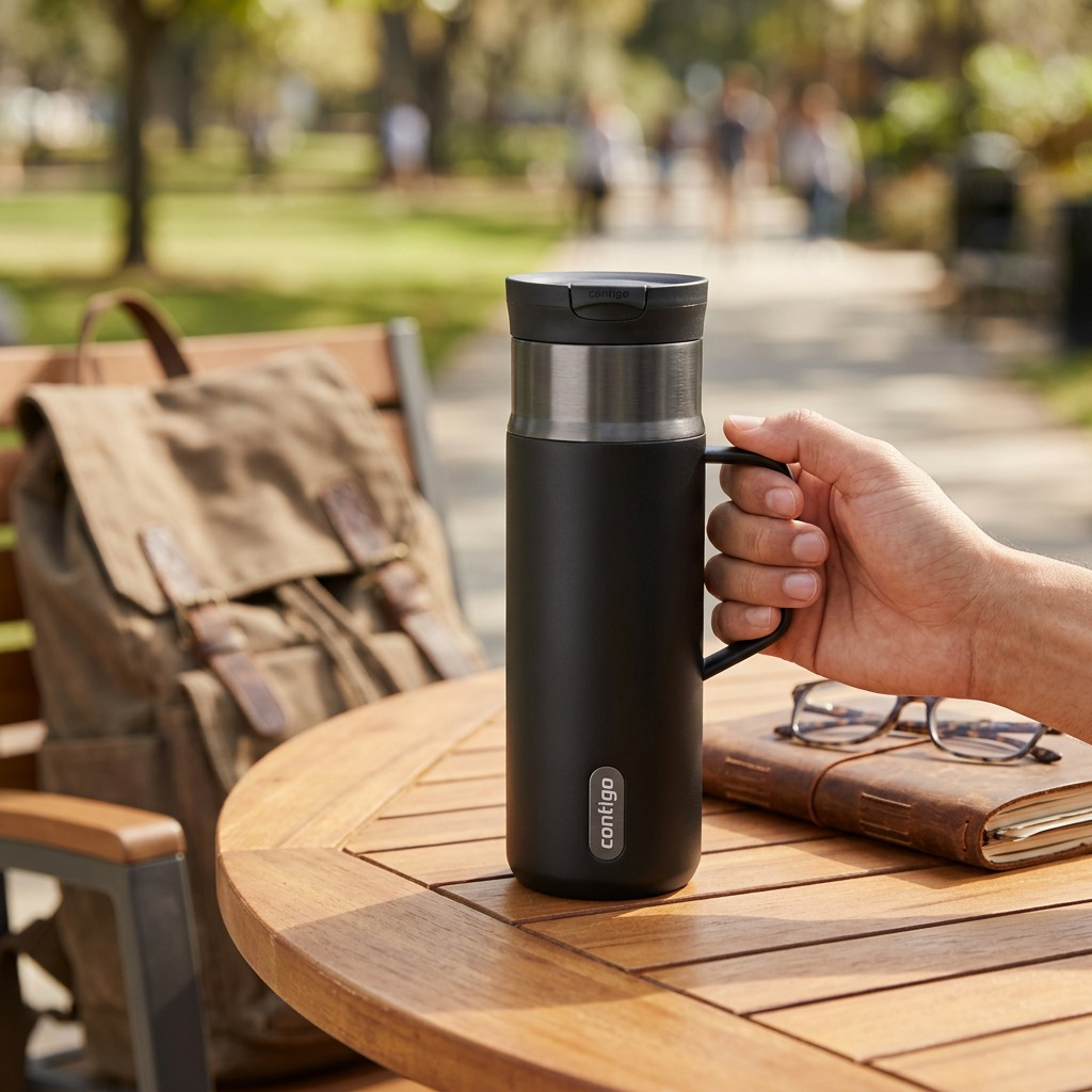 A hand holding a Contigo 20 oz Handled Snapseal Travel Mug in Licorice Gunmetal on a park table.