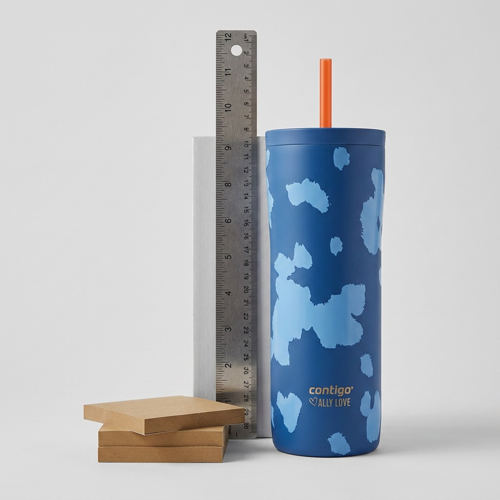 A blue 24oz Contigo Streeterville Tumbler with straw, shown beside a 12-inch ruler for scale.