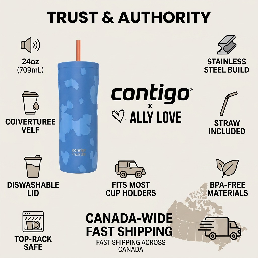 Contigo x Ally Love Streeterville 2.0 24oz tumbler infographic with stainless steel build and Canadian shipping icons.
