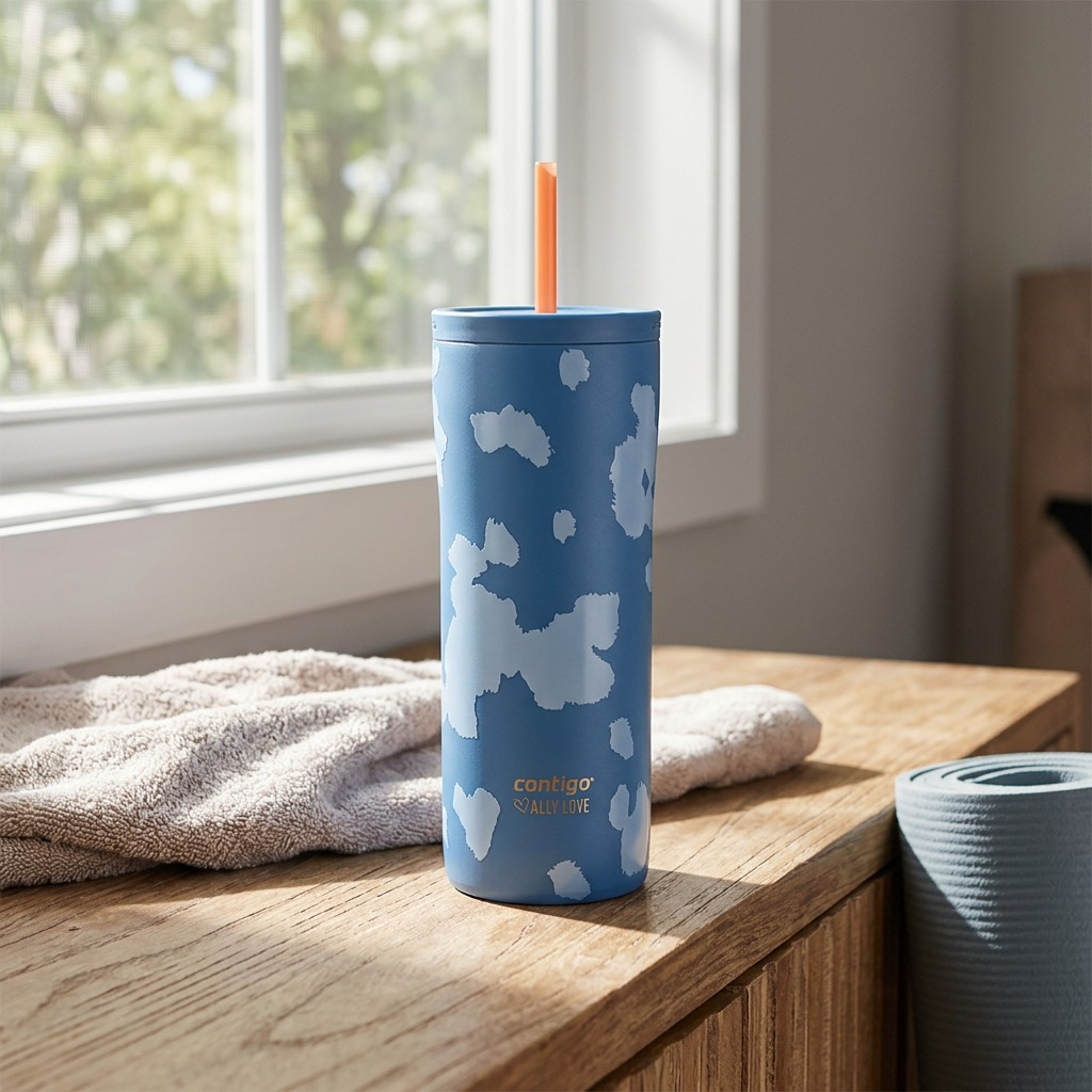 Contigo x Ally Love Streeterville 2.0 24oz tumbler in Stellar Jay blue on a desk with a yoga mat.