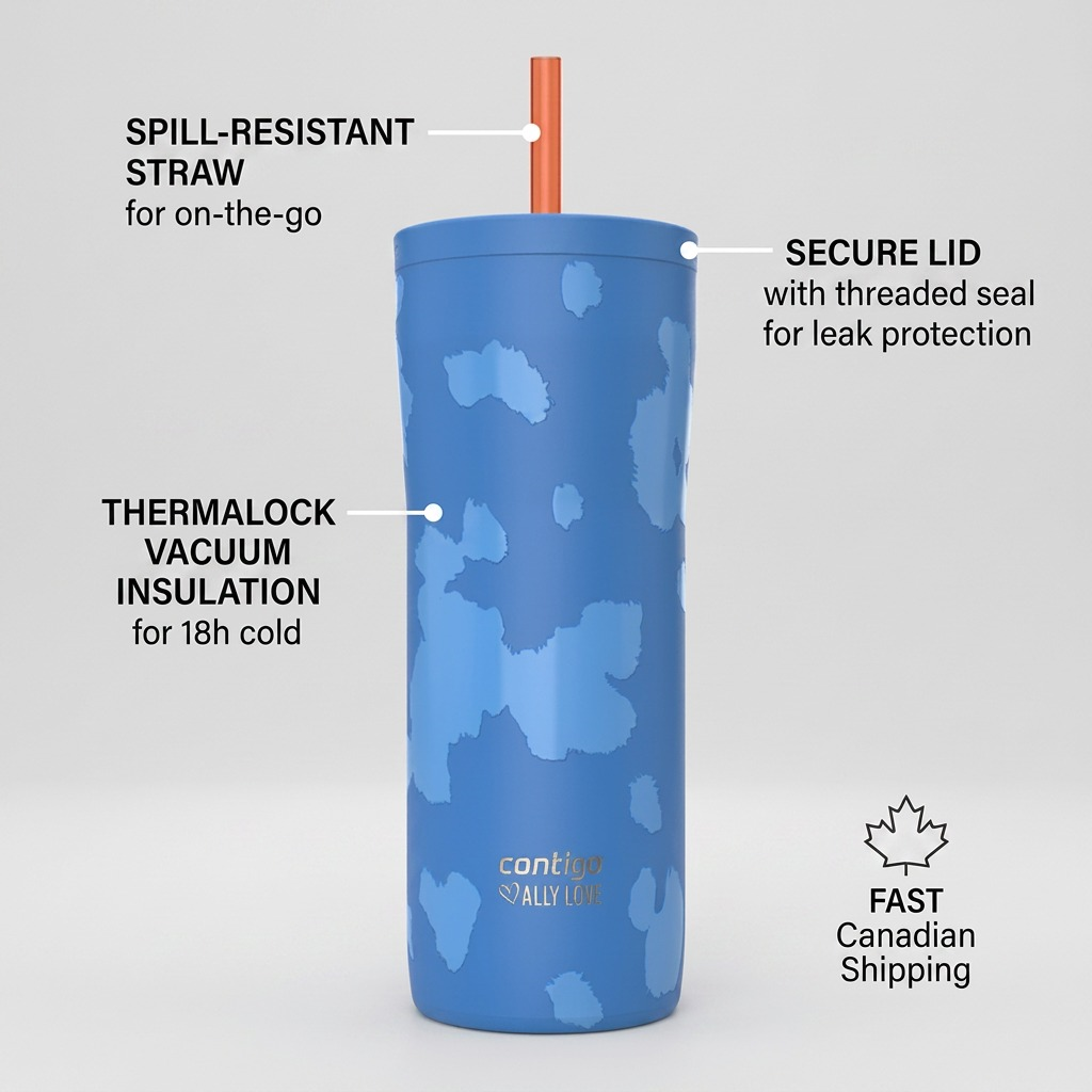 Blue Contigo x Ally Love Streeterville Tumbler graphic highlighting spill-resistant lid and straw.