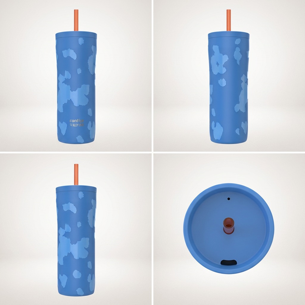 Four-view grid of the blue Contigo x Ally Love Streeterville 2.0 Tumbler with straw and pattern.