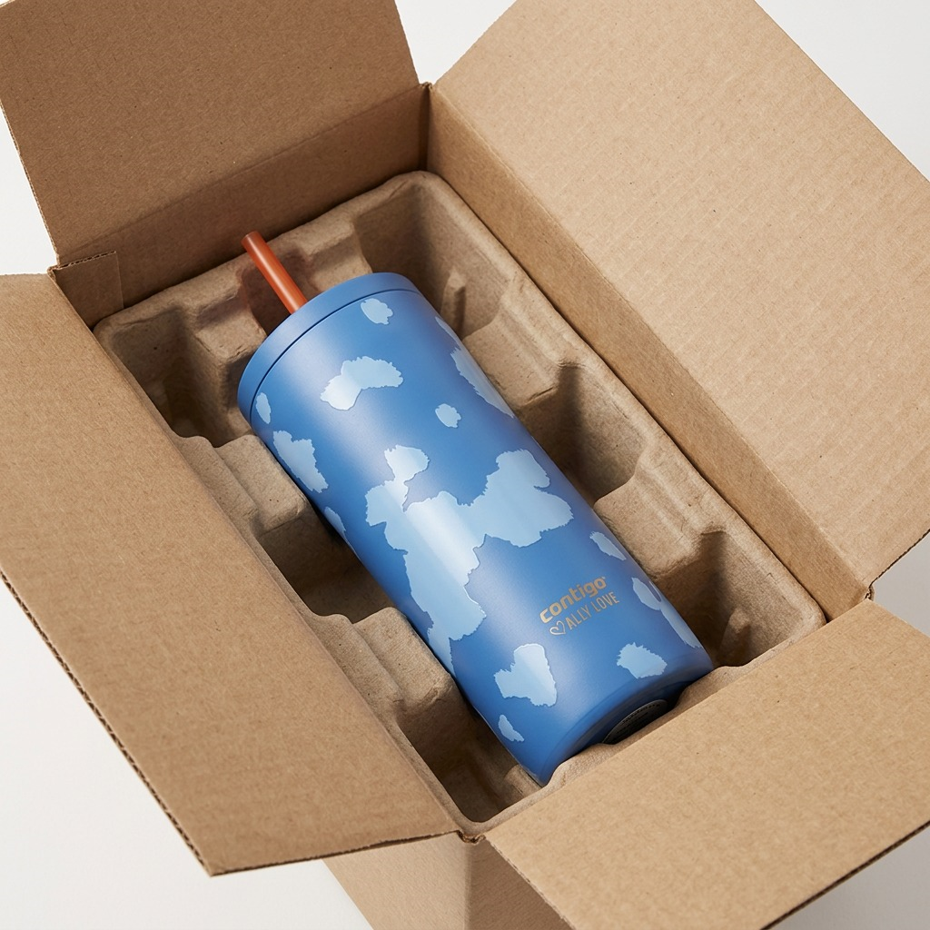 A blue Contigo x Ally Love stainless steel tumbler packaged securely in a protective box tray.