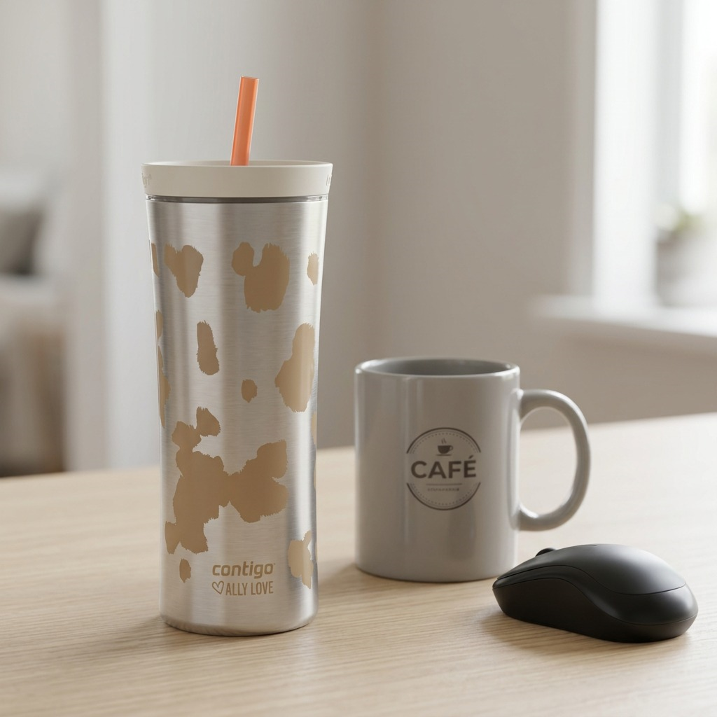 Contigo 20oz oatmilk cow print tumbler with orange straw shown beside a coffee mug for scale.