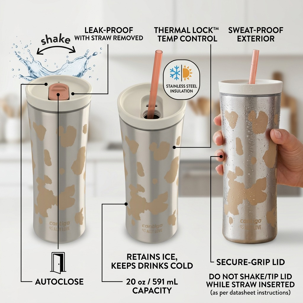 Contigo Ally Love Shake & Go Tumbler diagram highlighting autoclose lid and thermal insulation.