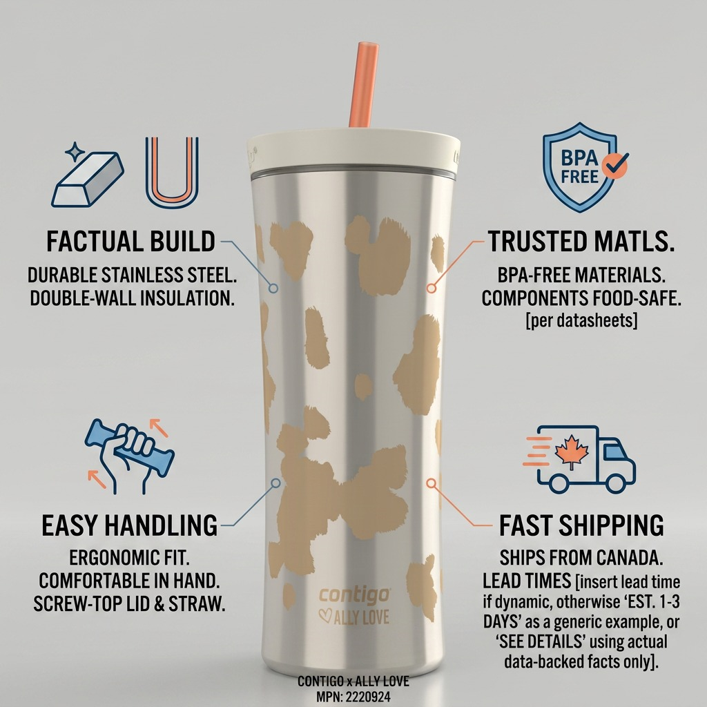 Contigo Ally Love Oatmilk Tumbler infographic detailing BPA-free, stainless steel build and fast Canadian shipping.