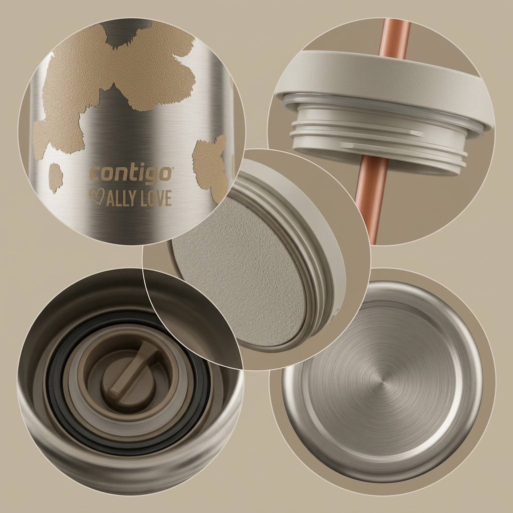 Macro view of Contigo Ally Love tumbler details including the logo, threaded lid, and straw.