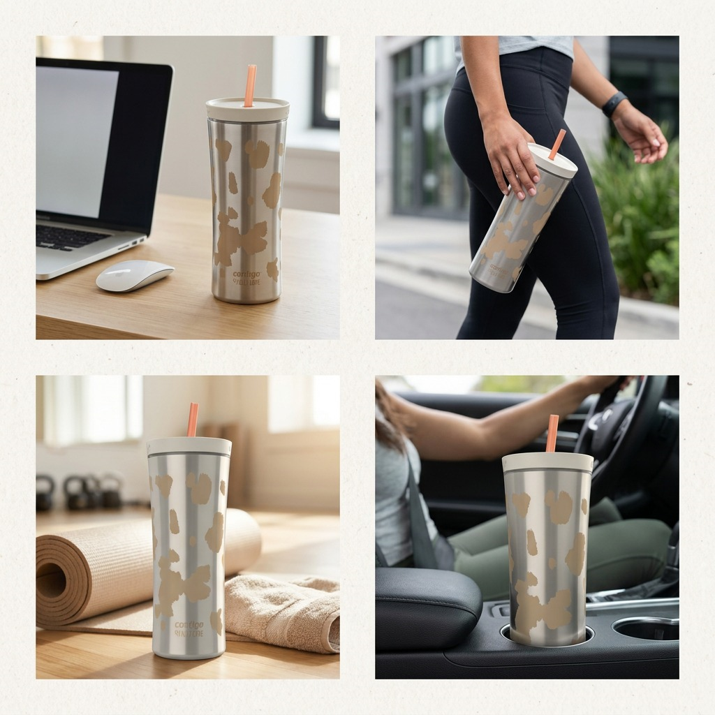 Contigo x Ally Love Oatmilk Tumbler shown on a desk, being carried, at the gym, and in a car.