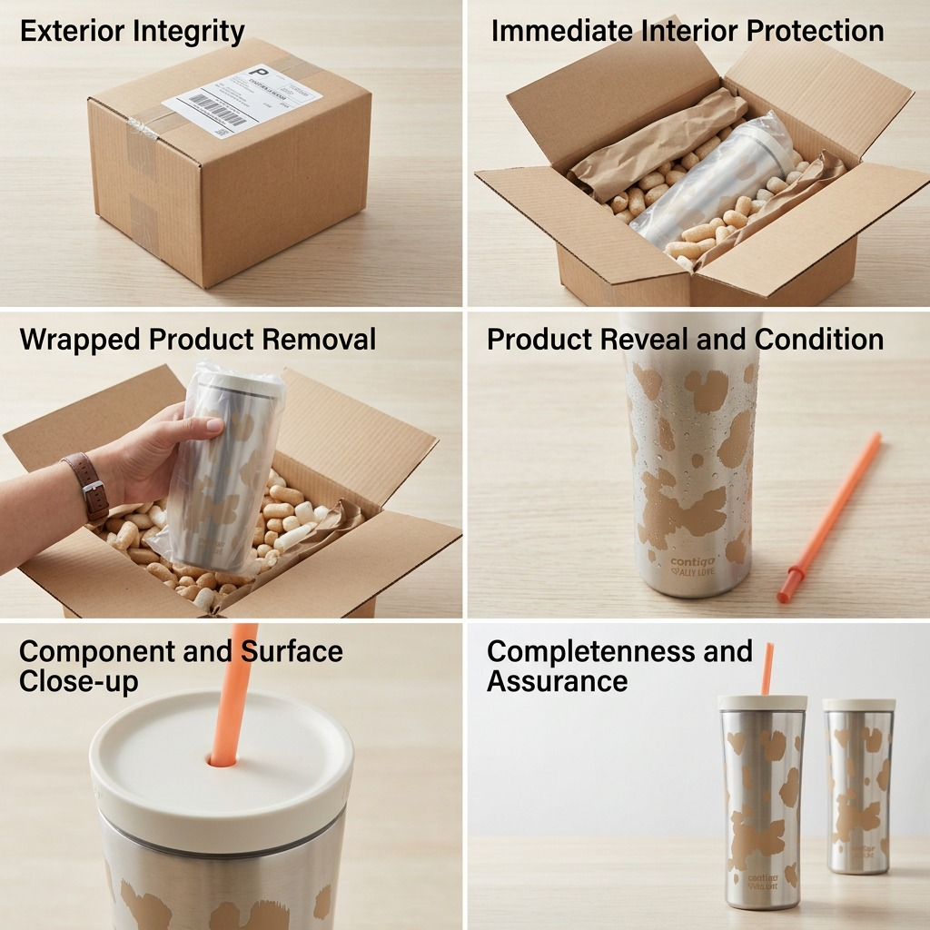 Six-panel unboxing sequence of the Contigo x Ally Love Oatmilk Tumbler showing secure shipping packaging.