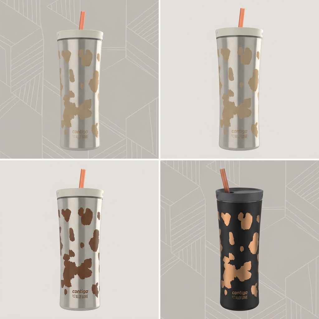 Grid showing the Contigo x Ally Love Shake & Go Tumbler in Oatmilk and various color configurations.