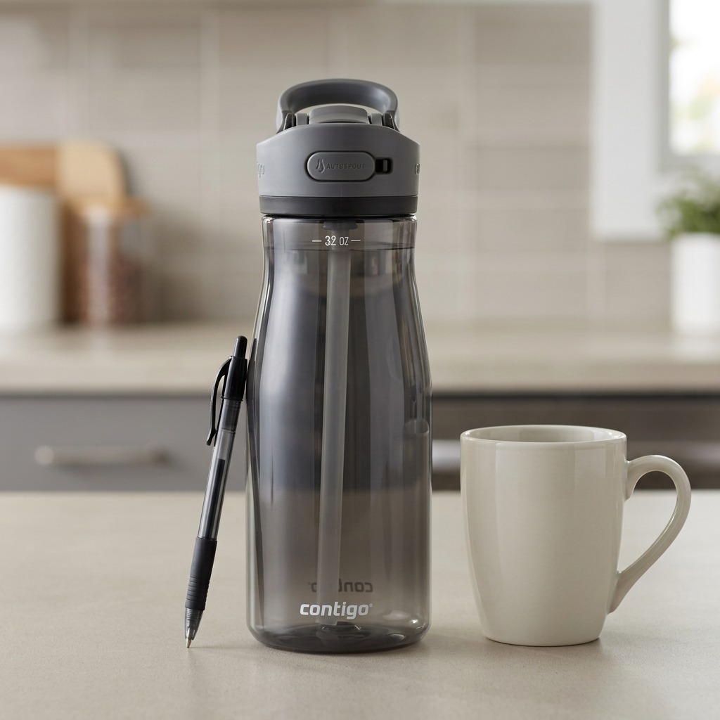 Contigo 32oz Ashland 2.0 Licorice water bottle on a counter, shown next to a pen and coffee mug for scale.