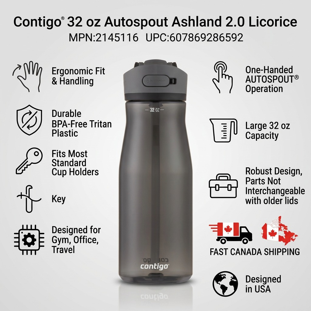 Infographic for Contigo 32oz Autospout Ashland 2.0 Licorice bottle listing features and CAN shipping.