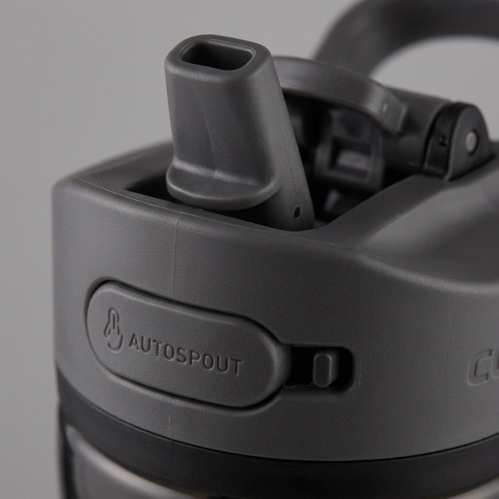 Macro detail of the Contigo Ashland 2.0 Licorice lid, showing the Autospout button and straw.