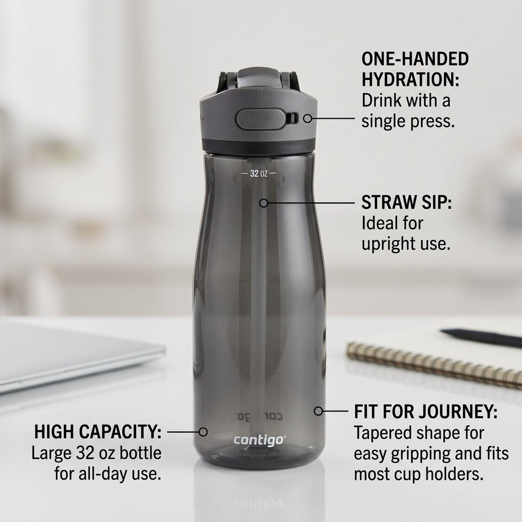 Contigo Ashland 2.0 Licorice water bottle showing the Autospout, straw, and 32 oz tapered shape.