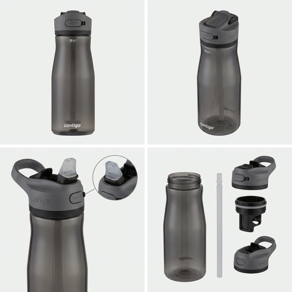 A four-image grid of the Contigo 32oz Ashland 2.0 Licorice water bottle showing various angles and disassembled parts.